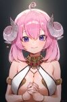  1girl absurdres ahoge armlet bangle bare_shoulders bikini bracelet breasts cleavage closed_mouth collar commission curled_horns demon_horns earrings hair_between_eyes halterneck highres horns interlocked_fingers jewelry large_breasts looking_at_viewer medium_hair necklace original own_hands_clasped own_hands_together pink_hair purple_eyes skeb_commission smile solo sooon swimsuit upper_body white_bikini 