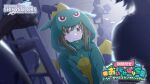  1girl blush copyright dinosaur_costume green_eyes green_hair highres hood hood_up idolmaster idolmaster_shiny_colors logo looking_ahead nanakusa_nichika official_art solo_focus sweatdrop wings zipper_pull_tab 