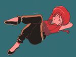  1girl arms_behind_head arms_up artist_name black_footwear black_pants blue_background blush braid braided_ponytail breasts closed_eyes frills highres lying menma_(enaic31) on_back open_mouth pants plantar_flexion ranma-chan ranma_1/2 red_hair red_shirt retro_artstyle romaji_commentary shirt short_sleeves simple_background solo twitter_username 