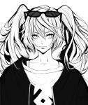  1girl bra_strap collarbone commentary_request expressionless eyewear_on_head greyscale hatsune_miku inoitoh jacket monochrome shirt solo suna_no_wakusei_(vocaloid) sunglasses twintails vocaloid 
