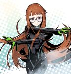  1girl black_bodysuit blunt_bangs bodysuit breasts brown_hair closed_mouth cofffee cowboy_shot crossed_arms floating_hair glasses long_hair looking_at_viewer orange_hair outstretched_arms persona persona_5 purple_eyes sakura_futaba small_breasts smile solo star_(symbol) starry_background very_long_hair 