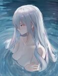  1girl absurdres arknights bathing breasts cleavage closed_mouth collarbone completely_nude grey_hair highres large_breasts long_hair looking_down nude partially_submerged red_eyes skadi_(arknights) solo upper_body very_long_hair water wawamachi_(wawamachis) 