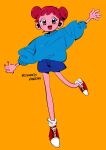  1girl :d alternate_costume arm_up blue_shorts blue_sweater copyright_name double_bun full_body hair_bun harukaze_doremi highres long_sleeves looking_at_viewer nail_polish ojamajo_doremi open_mouth outstretched_arms puffy_long_sleeves puffy_sleeves red_hair red_nails shoes short_hair shorts simple_background smile sneakers solo standing standing_on_one_leg sweater tbmt_anna yellow_background 