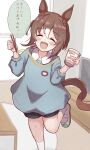  1girl :d ^_^ animal_ears black_shorts blue_shirt blush brown_hair chopsticks closed_eyes collared_shirt commentary_request cup cup_noodle disposable_cup facing_viewer fine_motion_(umamusume) flat_screen_tv food hair_between_eyes highres holding holding_chopsticks holding_cup horse_ears horse_girl horse_tail indoors kindergarten_uniform long_sleeves multicolored_hair noodles puffy_long_sleeves puffy_sleeves shirt shoes shorts smile socks solo standing standing_on_one_leg sunanuko_(ramuneko) table tail television translation_request two-tone_hair umamusume uwabaki white_footwear white_hair white_shirt white_socks wooden_floor 