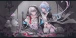  2boys absurdres alternate_costume apron arknights back_bow black_coat black_dress black_ribbon blackte69652249 blood bow brooch chair closed_mouth coat collared_dress cup doctor_(arknights) dress earrings enmaided fingernails grey_eyes grey_hair hand_on_another&#039;s_shoulder highres holding holding_knife hood hood_up hooded_coat indoors jewelry juliet_sleeves knife letterboxed long_sleeves looking_at_another maid maid_apron maid_headdress male_doctor_(arknights) male_focus mizuki_(arknights) multiple_boys neck_ribbon open_clothes open_coat pink_blood plate pouring puffy_sleeves ribbon saucer shirt short_hair sitting sleeve_cuffs table teacup teapot tentacles white_apron white_bow white_shirt 