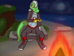  absurd_res ambiguous_gender anthro armor beach black_clothing campfire cliff clothing collar fan_character greek_text green_body hair hi_res hook_hand jumpstart_games krawk_(neopets) lendri_mujina lycrias_herak moon neopet_(species) neopets night orange_eyes sad_expression seaside sitting solo text white_hair yellow_sclera 