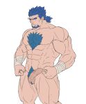  1boy absurdres bara blue_hair bucchigiri clenched_hands completely_nude erection facial_hair facing_ahead feet_out_of_frame flat_color foreskin forked_eyebrows goatee highres kenchiro_(bucchigiri) large_pectorals low_ponytail male_focus male_pubic_hair mature_male minatsumi muscular muscular_male navel nipples nude pectorals penis pubic_hair shaded_face short_hair short_ponytail solo spiked_hair standing thick_chest_hair thick_eyebrows thighs trembling 