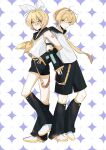  1boy 1girl :o absurdres back-to-back bare_shoulders belt black_sailor_collar black_shorts blonde_hair bow cosplay detached_sleeves don_quixote_(limbus_company) full_body hair_between_eyes hair_bow hair_ornament hairclip headset highres kagamine_len kagamine_len_(cosplay) kagamine_rin kagamine_rin_(cosplay) leg_up leg_warmers limbus_company locked_arms looking_at_viewer neckerchief necktie number_tattoo project_moon purple_background sailor_collar shirt short_hair short_sleeves shorts shoulder_tattoo sinclair_(limbus_company) sleeveless sleeveless_shirt sparkle_background standing tattoo vocaloid vocaloid_boxart_pose vvindyday white_background white_bow white_shirt yellow_eyes yellow_nails yellow_neckerchief yellow_necktie 