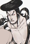  1boy black_hair eyeliner facial_hair food highres japanese_clothes kimono kouzuki_oden long_hair looking_to_the_side makeup male_focus manly mature_male oden omochijiro one_piece pirate red_eyeliner samurai serious sideburns 
