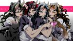  4boys aizetsu_(kimetsu_no_yaiba) animal_ears animal_hands apron artist_name back_bow black_dress black_hair black_jacket blue_eyes blue_hair blue_nails blue_sclera bow brown_hair brown_sclera claws closed_mouth collared_dress colored_sclera crossdressing demon_boy dress fake_animal_ears fangs fingernails frilled_apron frills gradient_background green_eyes green_hair green_nails green_sclera hand_up hands_up heart heart_hands heart_hands_duo highres horn_ornament horn_ribbon horns jacket jacket_partially_removed karaku_(kimetsu_no_yaiba) kimetsu_no_yaiba lll_123_lll long_hair long_sleeves looking_at_viewer maid maid_apron maid_headdress male_focus monster_boy multicolored_background multicolored_hair multiple_boys open_mouth pink_bow pointy_ears puffy_short_sleeves puffy_sleeves red_eyes red_hair red_nails red_sclera ribbon scales sekido_(kimetsu_no_yaiba) sharp_fingernails short_hair short_sleeves standing symbol-shaped_pupils tongue tongue_out twitter_username two-tone_hair urogi_(kimetsu_no_yaiba) veins white_apron white_background white_dress yellow_eyes 