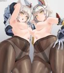  2girls animal_ear_fluff animal_ears arm_up armpits bare_shoulders blush breasts brown_pantyhose cat_ears closed_mouth detached_sleeves gloves grey_background grey_hair hand_on_own_hip highres holding_hands jacket jtveemo long_sleeves looking_at_viewer medium_breasts medium_hair mio_(xenoblade) multiple_girls navel nia_(xenoblade) nipples open_mouth panties panties_under_pantyhose pantyhose short_hair simple_background smile thighs topless underwear vambraces variant_set xenoblade_chronicles_(series) xenoblade_chronicles_3 yellow_eyes 