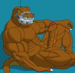  anthro bad_rap balls biceps casual_erection casual_nudity deltoids dinosaur dromaeosaurid erection extreme_dinosaurs foreskin genitals humanoid_genitalia looking_at_viewer male mammal muscular muscular_anthro muscular_male non-mammal_balls nude pecs penis reptile scalie secromon simple_background smile solo teeth theropod velociraptor 