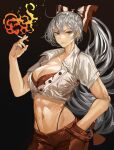  1girl adapted_costume ahoge arm_up bare_arms bow breasts brown_background brown_eyes buttons cigarette cleavage closed_mouth collarbone contrapposto dark_background ear_piercing fire fujiwara_no_mokou gradient_background grey_hair hair_between_eyes hair_bow hand_in_pocket hand_up high_ponytail highleg highleg_panties holding holding_cigarette large_breasts light_smile long_hair looking_at_viewer midriff nail_polish navel panties pants piercing ponytail red_bow red_nails red_pants shirt short_sleeves solo suspenders_hanging tomatolover16 toned touhou two-tone_bow underwear very_long_hair white_bow white_shirt wing_collar 