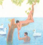  2boys absurdres ass bara beard bird buzz_cut completely_nude couple faceless faceless_male facial_hair full_body hand_up highres holding_hands male_focus multiple_boys nude ocean original painterly partially_submerged short_hair sideburns sitting_on_branch swan very_short_hair yaoi yuzhou_fei_gou 