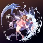  1girl absurdres animal_ears brown_hair cat_ears dress fan_zhongli_cangshu full_body highres holding holding_scythe ice long_hair long_sleeves looking_at_viewer low_twintails original pink_dress pink_footwear puffy_long_sleeves puffy_sleeves scythe shirt shoes snowflakes socks solo twintails very_long_hair white_shirt white_socks 