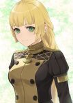  1girl blonde_hair blunt_bangs braid breasts buttons closed_mouth double-breasted fire_emblem fire_emblem:_three_houses gold_trim green_background green_eyes ingrid_brandl_galatea isa_(peien516) juliet_sleeves long_hair long_sleeves looking_at_viewer medium_breasts portrait puffy_sleeves sidelocks single_braid solo upper_body 