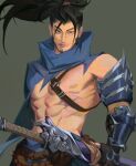  1boy abs absurdres armor beard black_hair brown_background chadetteisgiga cowboy_shot facial_hair highres holding holding_sword holding_weapon league_of_legends long_hair looking_at_viewer male_focus o-ring ponytail scar scar_on_face scar_on_nose sheath sheathed simple_background single_bare_shoulder smile solo sword weapon yasuo_(league_of_legends) 