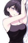  1girl black_camisole black_hair blush bob_cut breasts camisole cleavage highres ichiki_1 large_breasts looking_at_viewer lying mole mole_under_mouth on_side original purple_eyes 