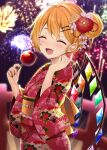  1girl aerial_fireworks blonde_hair blush candy_apple closed_eyes crystal fang fireworks flandre_scarlet floral_print food holding holding_food japanese_clothes kimono long_hair long_sleeves obi open_mouth print_kimono red_kimono ruhika sash smile solo touhou upper_body wide_sleeves wings 