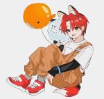  1boy 8enthopelagic absurdres aged_down animal_balloon animal_ear_fluff animal_ears balloon black_eyes blush brown_overalls child commentary_request eoduun_badaui_deungbul-i_doeeo fox_boy fox_ears fox_tail full_body highres holding holding_balloon kemonomimi_mode kim_jaehee knees_up korean_commentary layered_sleeves long_sleeves looking_at_viewer male_focus open_mouth overalls red_footwear red_hair shirt shoes short_hair short_over_long_sleeves short_sleeves simple_background sitting smile solo tail white_background white_shirt 