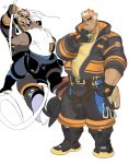  2boys akiha_gongen_(housamo) around_crotch bandaid bandaid_on_face bandaid_on_nose bara beard_stubble blush bulge carrying carrying_person chest_hair clothes_down collage dark-skinned_male dark_skin dog_tags face_to_pecs full_body hand_on_own_chin highres horns hug huge_eyebrows jacket jitome kani_1976 large_pectorals long_sideburns male_focus multicolored_clothes multicolored_hair multicolored_jacket multiple_boys muscular muscular_male nervous_sweating open_jumpsuit orange_jacket pectorals puffy_cheeks rope scar scar_on_cheek scar_on_face scar_on_forehead short_hair shy sideburns sideburns_stubble single_horn stroking_own_chin sweat swinging thick_eyebrows thick_thighs thighs tokyo_afterschool_summoners translation_request two-tone_hair two-tone_jacket ulaanbaatar_(housamo) white_hair yaoi 