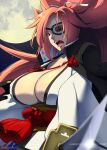  1girl baiken black_jacket bow breasts commentary_request eyepatch full_moon guilty_gear hair_bow high_collar highres holding holding_sword holding_weapon huge_breasts jacket jacket_on_shoulders japanese_clothes kataginu katana kimono long_hair mattari_yufi moon night night_sky open_clothes open_kimono open_mouth pink_hair pointing_weapon red_eyes scar scar_across_eye sky solo sword twitter_username weapon white_kimono 