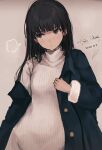  1girl amagami ayatsuji_tsukasa black_eyes black_hair blue_coat closed_mouth coat dated grey_background happy_birthday highres light_blush long_hair long_sleeves looking_to_the_side open_clothes open_coat signature simple_background solo straight_hair sweater tenpanco turtleneck turtleneck_sweater white_sweater 