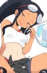  1girl :3 animal_on_lap arm_support artist_name bare_arms bare_shoulders black_hair bra_strap breasts brown_eyes cat cat_on_lap electric_fan eyewear_on_head fang forehead from_below highres jellcaps long_hair looking_at_another midriff navel on_lap open_mouth original ponytail red_sports_bra short_shorts shorts sidelocks simple_background sitting smile sports_bra strapless tan tanlines thighhighs tube_top twintails two-tone_shorts white_background 