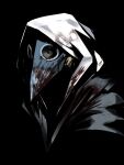  1boy beak black_background black_jacket blood blood_on_clothes blood_on_mask chainsaw_man dark_background facing_to_the_side grey_hoodie heartbreak_juan highres hood hoodie jacket plague_doctor_mask simple_background solo violence_devil_(chainsaw_man) 