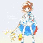  1girl alternate_costume arle_nadja arm_at_side bare_shoulders blue_dress blue_flower blue_rose boots breasts brown_eyes brown_hair cape carbuncle_(puyopuyo) closed_mouth commentary_request copyright_name dated_commentary detached_sleeves diagonal_stripes dress flower frilled_dress frilled_sleeves frills full_body grey_background hair_ribbon hand_on_own_hip high_ponytail holding legs_apart looking_at_viewer madou_monogatari medium_breasts orange_cape puffy_sleeves puyopuyo rakuni ribbon rose smile solo standing star_(symbol) starry_background straight-on striped thighhighs two-sided_cape two-sided_dress two-sided_fabric white_cape white_dress white_footwear white_ribbon white_thighhighs 