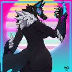  &lt;3 &lt;3_eyes anthro big_butt butt canid canine canis claws clothing epic_games female fortnite glowing glowing_eyes highwire late mammal neon pack_leader_highwire rhode_arts rubber rubber_clothing rubber_suit solo tail thick_thighs vaporwave weapon wolf 