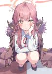  1girl aru_(blue_archive) blue_archive blush coat demon_horns fur-trimmed_coat fur_trim halo hand_on_own_cheek hand_on_own_face highres horns looking_at_viewer neck_ribbon pink_hair ribbon shaka_(staito0515) shirt simple_background solo squatting sweatdrop white_background white_shirt 