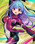  1girl arm_up blue_hair blunt_bangs blush bodysuit breasts cropped_jacket gloves kula_diamond large_breasts long_hair looking_at_viewer onono_imoko open_mouth outstretched_arms red_eyes smile snk solo spread_arms the_king_of_fighters yellow_gloves zipper 