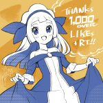  1girl :d blue_dress blue_eyes blue_hairband blush clothes_lift collarbone cosplay dress dress_lift eyelashes gloves hairband happy highres kinocopro lifted_by_self lillie_(pokemon) long_hair looking_at_viewer miette_(pokemon) miette_(pokemon)_(cosplay) milestone_celebration off-shoulder_dress off_shoulder open_mouth pokemon pokemon_(anime) pokemon_sm_(anime) pokemon_xy_(anime) smile solo thank_you yellow_background 