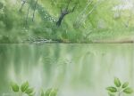  fallen_tree grass highres lily_pad miyuchan777 no_humans original painting_(medium) plant reflection reflective_water river riverbank scenery tall_grass traditional_media tree water watercolor_(medium) 