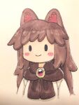  1girl animal_ear_fluff animal_ears blush_stickers brooch brown_hair commentary_request cropped_torso dress highres imaizumi_kagerou jewelry poronegi simple_background smile solid_oval_eyes solo touhou upper_body white_background white_dress wolf_ears 