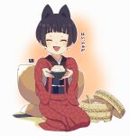  1girl :d ^_^ animal_ears bangs black_hair blush bowl brown_background closed_eyes commentary_request facing_viewer fang fox_ears fox_girl fox_tail gradient_background grey_background holding holding_bowl japanese_clothes kimono kitsune kukuri_(mawaru) long_sleeves mawaru_(mawaru) obi ohitsu original red_kimono rice rice_bowl sash seiza shamoji short_hair sitting smile solo tail translation_request wide_sleeves 