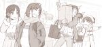  2boys 4girls :o bag carrying character_request clothes_tug coat crowd ebinera fukumori_daichi glasses gloves greyscale grin hands_in_pockets hat highres imouto_ni_kiite_minaito medium_hair monochrome multiple_boys multiple_girls pants pocket pointing scarf shopping shopping_bag smile sweatdrop 