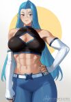 +_+ 1girl abs artist_name black_eyes blue_hair blue_nails blue_pants blush borrowed_character breasts cleavage cleavage_cutout closed_mouth clothing_cutout collarbone commission elbow_gloves fingerless_gloves gloves highres large_breasts long_hair looking_at_viewer muscular muscular_female navel nhaliz original pants smile solo white_gloves 