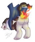  anthro armello armor bodily_fluids bottomless bottomless_anthro bottomless_female butt butt_on_fire canid canine canis cloak clothed clothing dinogoat female fire hand_on_butt leather leather_armor mammal pain river_(armello) solo tail tail_on_fire tears watermark wolf 