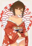  1girl bare_shoulders blush breasts brown_eyes brown_hair clothes_lift floral_print highres i-401_(kancolle) japanese_clothes kantai_collection kimono kimono_lift lifted_by_self long_sleeves looking_at_viewer obi off_shoulder panties red_kimono sakieko sash small_breasts smile solo underwear white_panties wide_sleeves 
