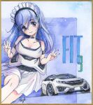  1girl black_hairband blue_choker blue_eyes blue_hair blush border breasts brown_border car choker cleavage collarbone dress hairband head_tilt hi_fumiyo highres honda honda_fit long_hair maid_headdress motor_vehicle original personification sitting skirt smile solo traditional_media vehicle_and_personification white_dress white_skirt 