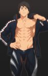  1boy abs bara bare_pectorals black_hair black_jacket black_male_swimwear blue_eyes closed_mouth free! hifumi_(3b_x) highres jacket jammers large_pectorals male_focus male_swimwear muscular muscular_male navel nipples open_clothes open_jacket pectorals short_hair solo yamazaki_sousuke 