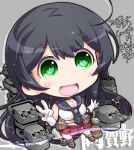  1girl agano_(kancolle) anchor_symbol black_hair black_necktie cannon character_name chibi gloves green_eyes highres kantai_collection kuroneko_(kuroneko_works) long_hair miniskirt navel necktie open_mouth pleated_skirt red_skirt rigging school_uniform serafuku skirt solo turret white_gloves 