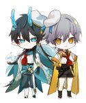  2boys aqua_eyes aqua_horns aqua_sailor_collar aqua_tail arm_at_side black_choker black_footwear black_gloves black_hair black_shorts black_socks blush boots caelus_(honkai:_star_rail) cape chibi choker dan_heng_(honkai:_star_rail) fingerless_gloves frown gloves grey_hair grey_pants hand_up hands_on_own_hips hat highres honkai:_star_rail honkai_(series) hydrokinesis knee_boots legs_apart long_hair long_sleeves looking_at_viewer low_ponytail male_focus multiple_boys neckerchief orange_cape orange_eyes orange_sailor_collar pants red_neckerchief sailor_collar sailor_hat sailor_shirt seigaiha shirt short_hair shorts shoulder_strap smile socks standing trailblazer_(honkai:_star_rail) tuku2 water white_footwear white_shirt wide_sleeves 