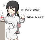  &gt;_&lt; +++ 1girl :| aiu404l aiu_(character) arm_support arms_up black_hair blunt_bangs blush_stickers cat closed_mouth collared_dress cowboy_shot dot_nose dress egg english_text engrish_text expressionless highres holding holding_egg index_finger_raised jaggy_lines juice_box long_hair low_twintails meme messy_hair milk original ranguage short_twintails simple_background sitting smile sparkle stool tbh_creature_(meme) twintails white_background white_dress 