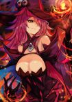  1girl bare_shoulders black_sclera blazblue breasts casting_spell cleavage colored_sclera detached_sleeves fire flame hand_up hat hat_over_one_eye highres konoe_a._mercury large_breasts levvellevvel long_hair looking_at_viewer magic pink_hair solo wide_sleeves witch_hat yellow_eyes 