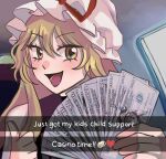  1girl absurdres banknote blonde_hair blush commentary dollar_bill emoji english_text hat hat_ribbon heart highres holding holding_money long_hair looking_at_viewer m40u mob_cap money open_mouth red_ribbon ribbon shiki_eiki smile snapchat solo symbol-only_commentary thumbs_up touhou upper_body white_headwear yakumo_yukari yellow_eyes 