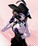  1girl ascot black_headwear breasts brown_hair cofffee eye_mask gloves hat_feather holding holding_mask long_sleeves looking_at_viewer mask medium_breasts okumura_haru parted_bangs parted_lips persona persona_5 purple_eyes purple_gloves shirt short_hair solo underbust upper_body white_shirt 