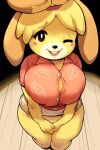  1girl animal_crossing animal_ears animal_nose black_eyes blonde_hair blush_stickers breasts buck_teeth bursting_breasts cleavage commentary covering covering_crotch curvy dog_ears dog_girl english_commentary fewer_digits from_above full_body furry furry_female grunt_frostwolf hawaiian_shirt highres huge_breasts isabelle_(animal_crossing) looking_at_viewer miniskirt one_eye_closed pink_shirt shirt short_hair shortstack skirt solo teeth thick_thighs thighs topknot v_arms white_skirt yellow_fur 